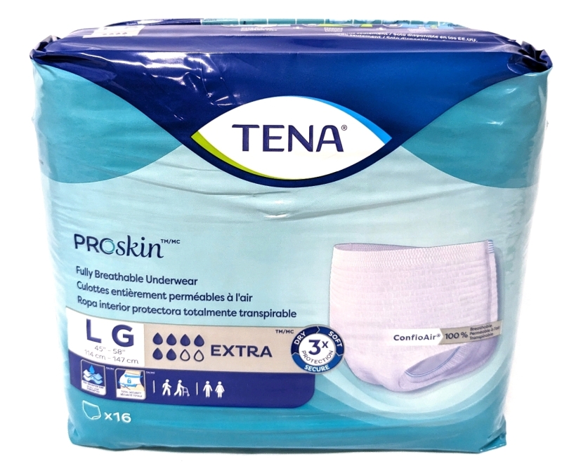 New TENA ProSkin Extra Protection Fully Breathable Underwear Size Large (45" - 58" Waist) 16 Underwear in Pack