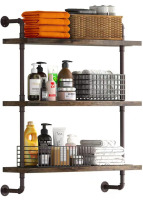 Helsin 3 Tier Industrial Pipe Shelf Rustic Wood Floating Shelves