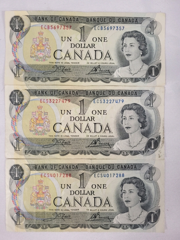 3 - 1973 Canadian $1 Bills