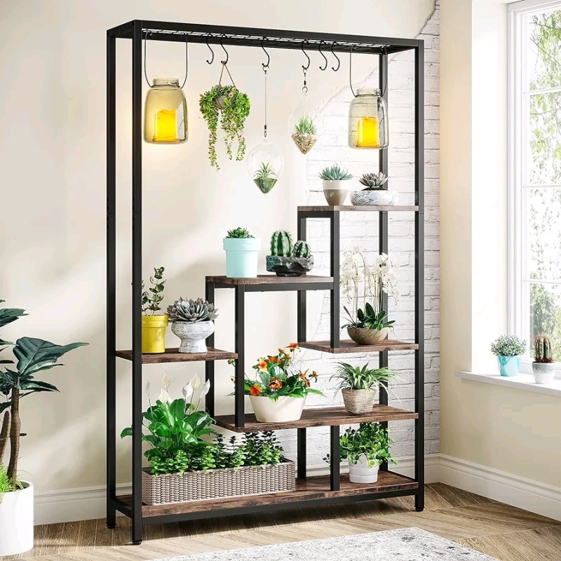 New Tribesigns 5-Tier Tall Indoor Plant Stand, 70.9 inches Large Metal Plant Shelf with 10PC S Hanging Hooks, Multi-Purpose Flower Bonsai Pots Display Rack for Indoor, Garden, Balcony, Living Room