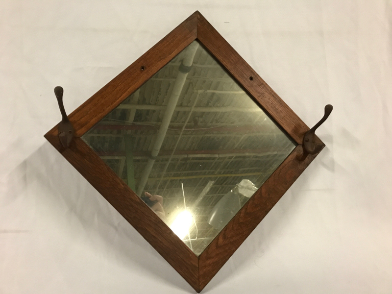 Vintage Wooden Mirror with Hooks 15 x 15 inches