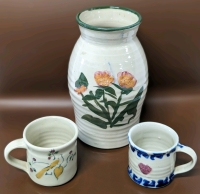 Vintage Signed Forks Road Pottery Winger Ontario Vase & 2 Mini Mugs