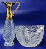 Vintage Crystal Oil Cruet & Deep-Cut Crystal Windmill Bowl