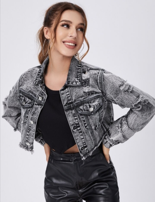 New SHEIN Ripped Raw Trim Button Front Crop Denim Jacket - Medium