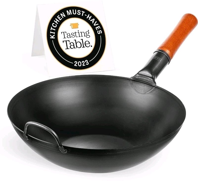 New YOSUKATA Black Carbon Steel Wok 13.5" Flat Bottom Pre-Seasoned