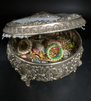 Lovely Footed silver fabric Trinket Box filled assorted Brooches