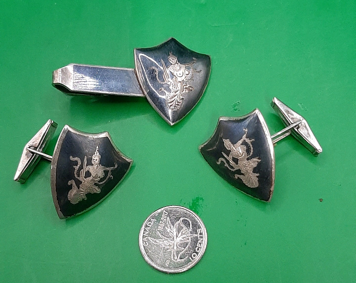 Vintage Siam Sterling Silver Tie Clip and Cufflinks