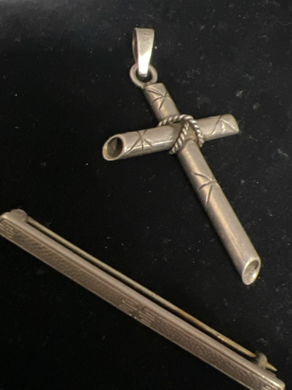 Vintage Mexican Sterling Cross Pendant Antique Sterling Bar Brooch