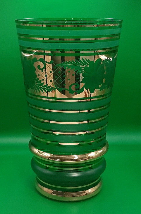 Heavily Gilded Green Glass Vase