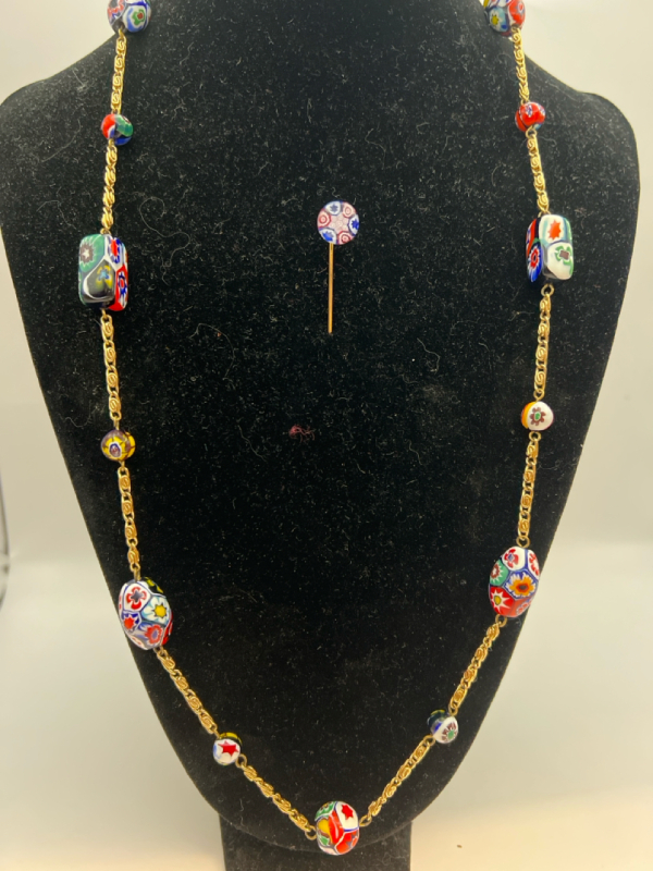 Vintage Millefiore Glass Stick Pin & Italian Bead Necklace