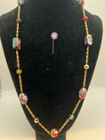 Vintage Millefiore Glass Stick Pin & Italian Bead Necklace
