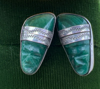Vintage Silver Malachite Mexico Mask Earrings