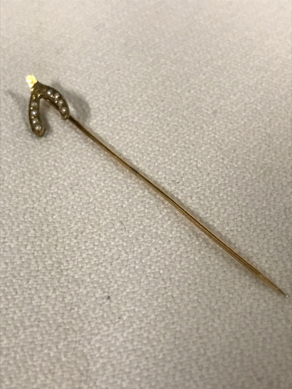 Horseshoe Stick Pin 14 KT Yellow Gold & Seed Pearls 2 1/4 inches