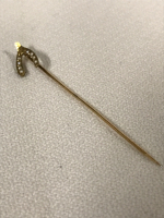 Horseshoe Stick Pin 14 KT Yellow Gold & Seed Pearls 2 1/4 inches