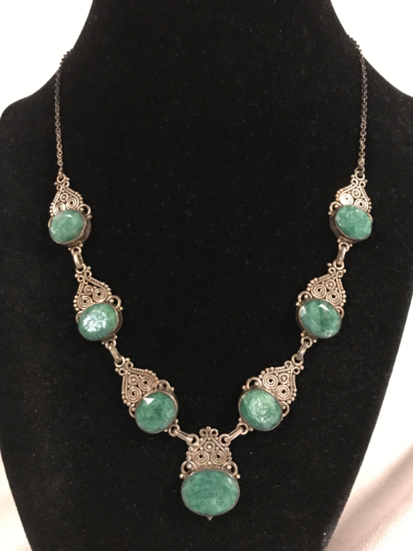 RHA PC-112 Modern Sterling Silver & Faceted Untreated Emerald Necklace 18 inches