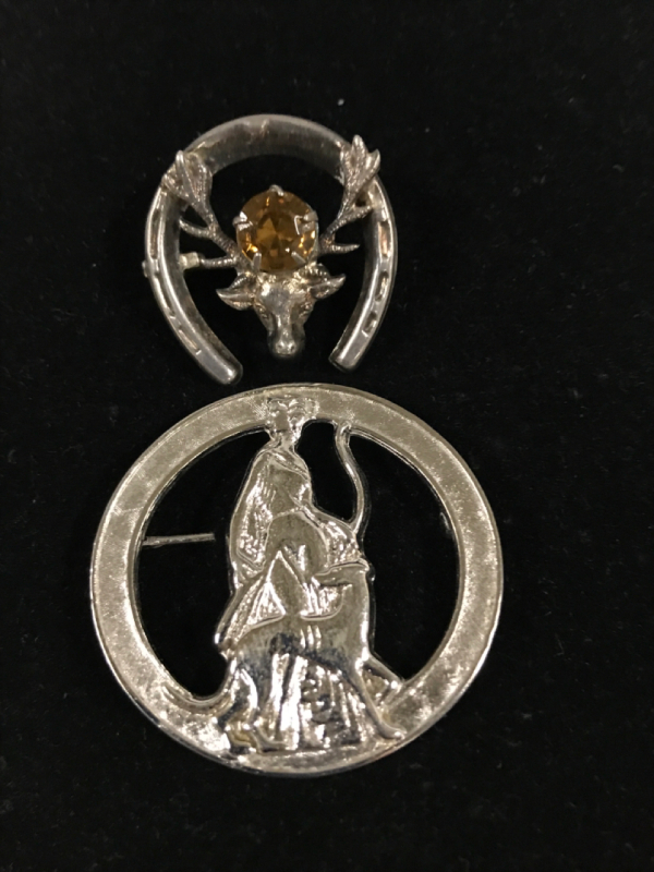 2 Sterling Broaches Horseshoe Stag & Diana Goddess of the Hunt