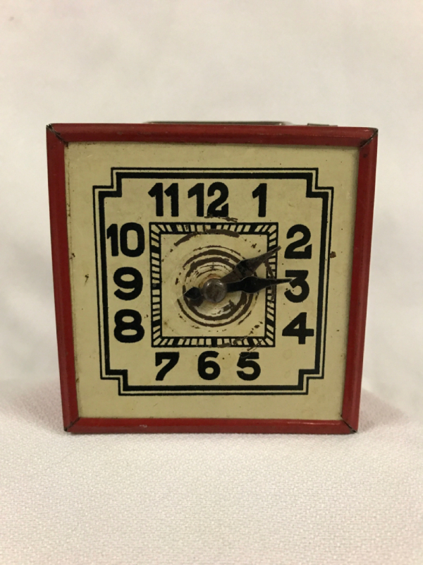 Antique German Tin Clock Coin Bank 3 x 3 x 2 inches