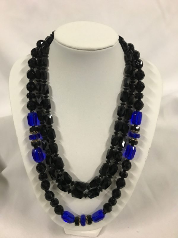 2 Necklaces one Black Crystal Double Strand 16 inch & one Black & Blue Crystal Beads 18 inch