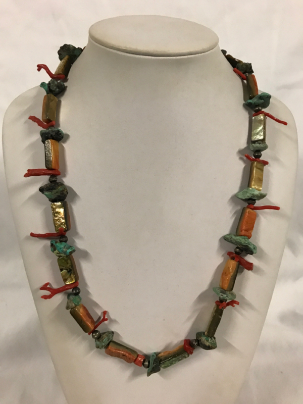 Vintage Turquoise Coral & Abalone Necklace 24 inch