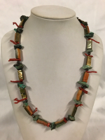 Vintage Turquoise Coral & Abalone Necklace 24 inch