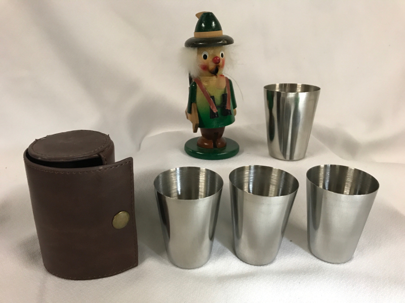 Vintage German Carved Wooden Smoker 5 inch tall & Set of 4 Travel Cups 2.5 inches in Case