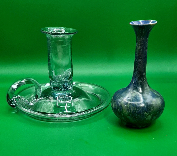Vintage Miniature Art Glass Vase and a Vintage Blown Glass FingercCandle Holder