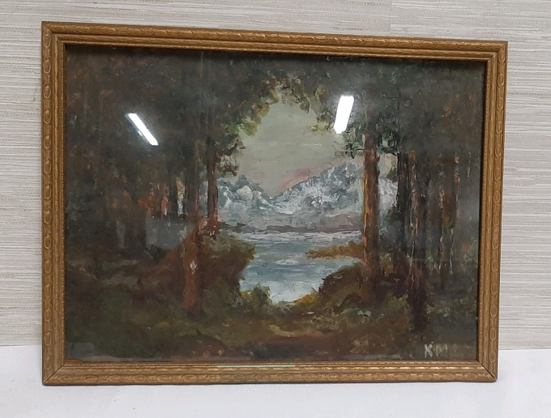 Antique Oil Wood and and Mountain Scene.