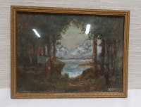 Antique Oil Wood and and Mountain Scene.