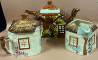 Price Bros cottage ware small teapot made in England and Keele St Pottery cottage ware creamer and covered sugar hand painted made in England