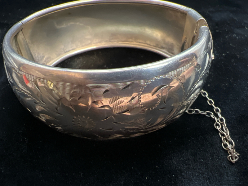 BIRKS Vintage Sterling Silver Engraved Bracelet safety chain