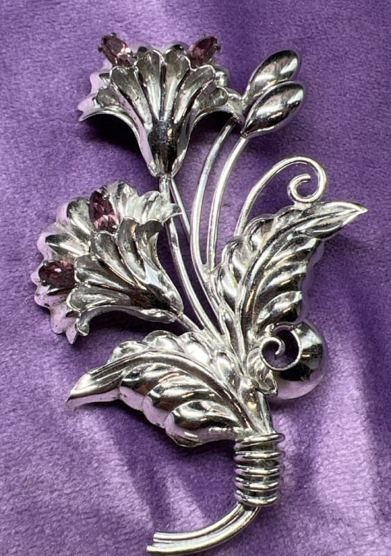 Vintage Sterling Silver Amethyst Rhinestone Floral Brooch
