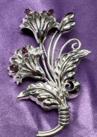 Vintage Sterling Silver Amethyst Rhinestone Floral Brooch