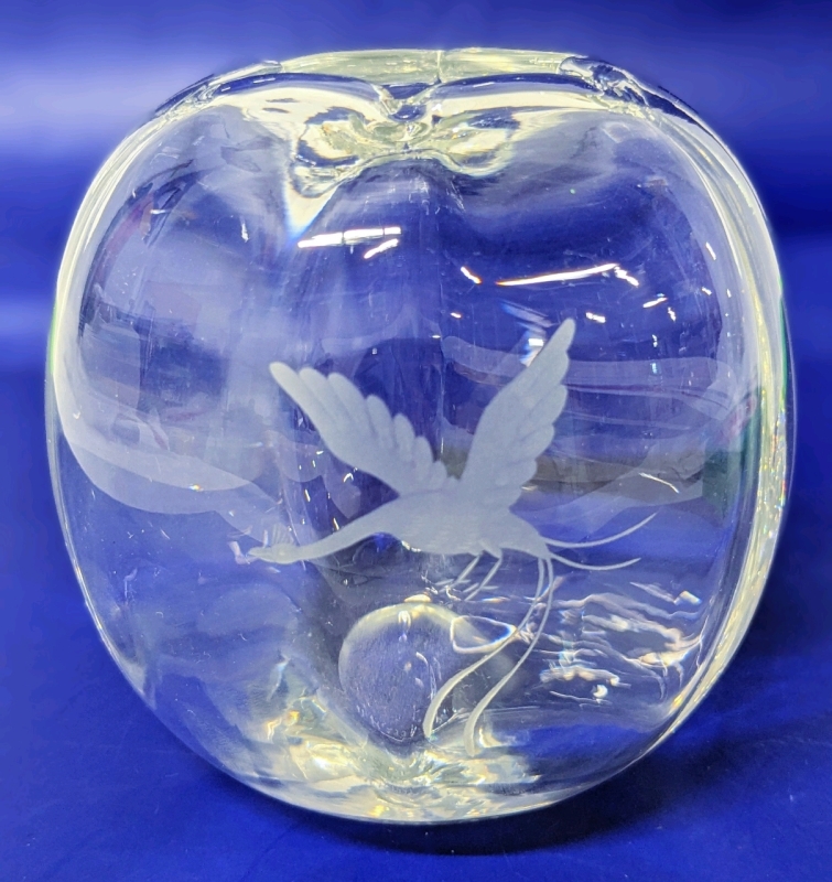 Vintage Scandinavian Glass Vase with Etched Bird of Paradise - Numbered -