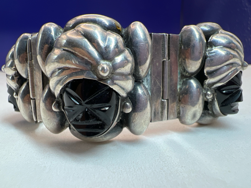 Vintage Mexican Sterling Black Onyx Mask Bracelet