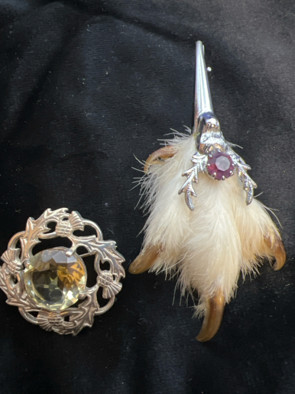 Scottish Grouse Claw Kilt & English Sterling Citrine Thistle Pin