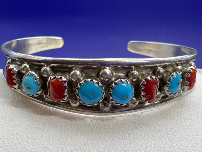 Southwest Native Silver Turquoise Coral Cuff