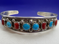 Southwest Native Silver Turquoise Coral Cuff