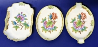 Vintage HEREND Hungary Handpainted " Queen Victoria" Porcelain Floral Dishes (2) & Ashtray