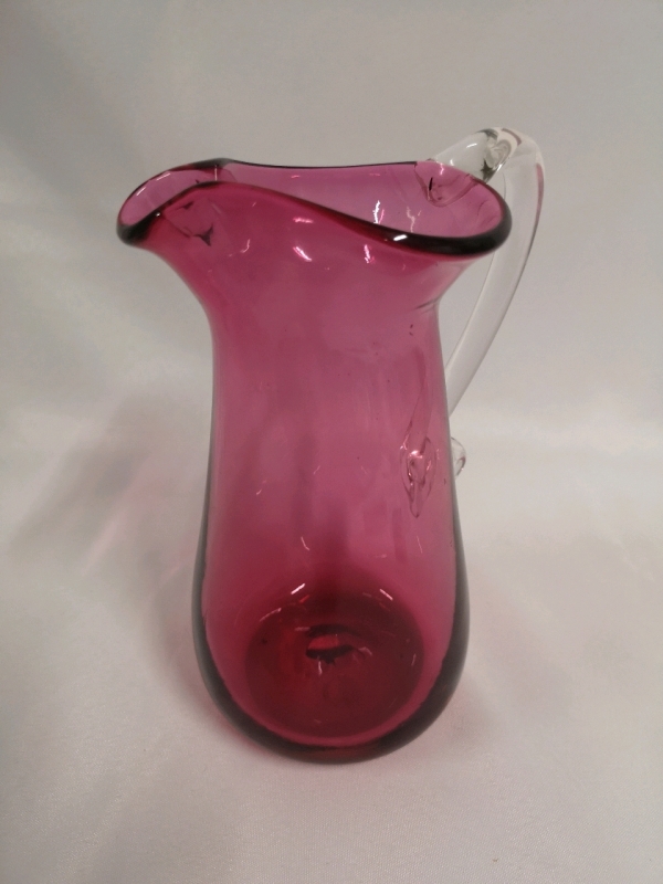 Beautiful Hand Blown Cranberry Glass Pitcher with Clear Handle