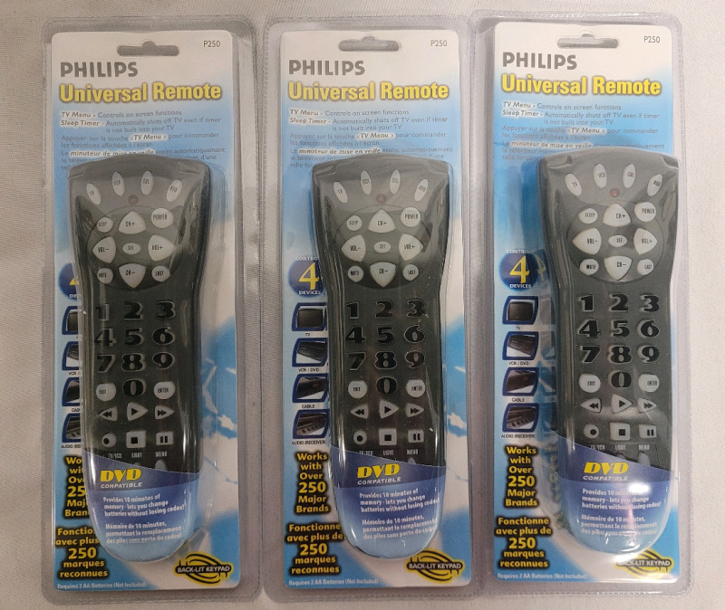 New - Philips Universal Remotes , Model # P250 . Three (3) Sealed in Package