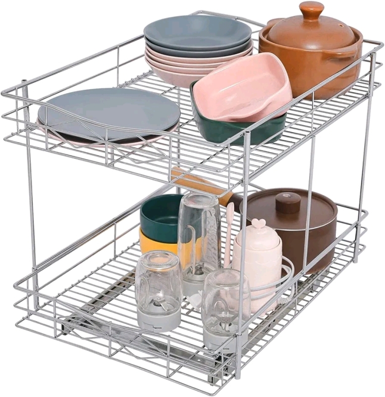 TQVAI 2 Tier Pull Out Cabinet Organizer, Sliding Out Under Sink Cookware Organizer New