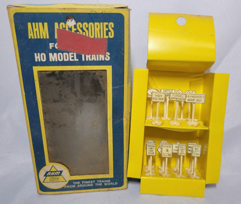 Vintage AHM Accessories HO Scale 23 Railroad and Traffic Signs in Original Box , Complete