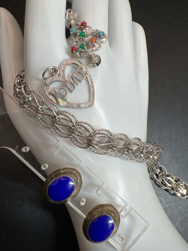 Sterling Charm Bracelet 2 Charms Lapis 925 Earrings