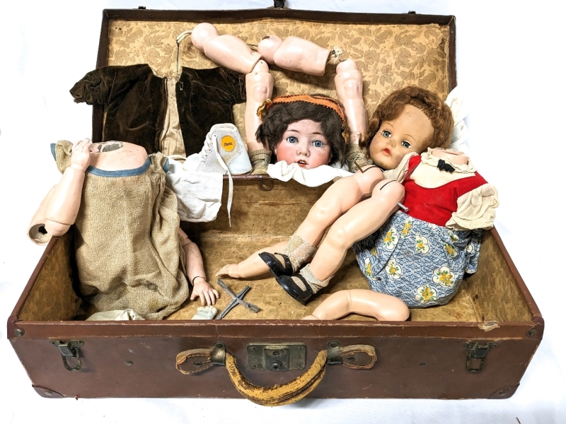 Large Antique CUNO & OTTO Dressel Germany Doll in Parts + Vintage Doll in Parts inside Corbin Suitcase