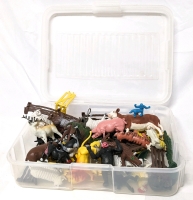 Vintage Plastic Animals + in Lidded Container