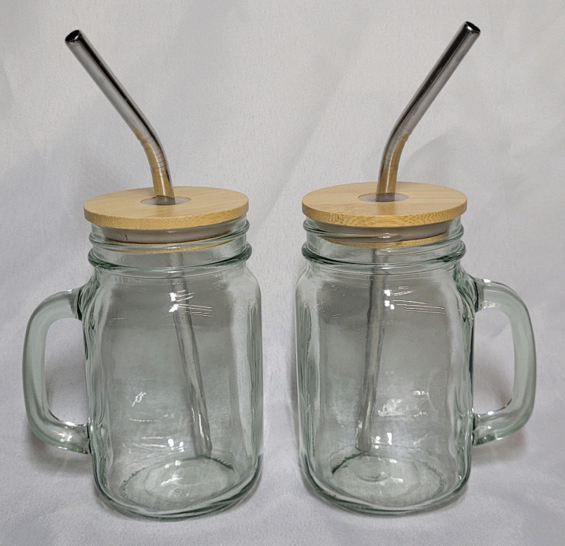 Mason Jar Mug Set w/Bamboo Lid + Stainless Steel Straw. 2 Jars & 2 Straws - New