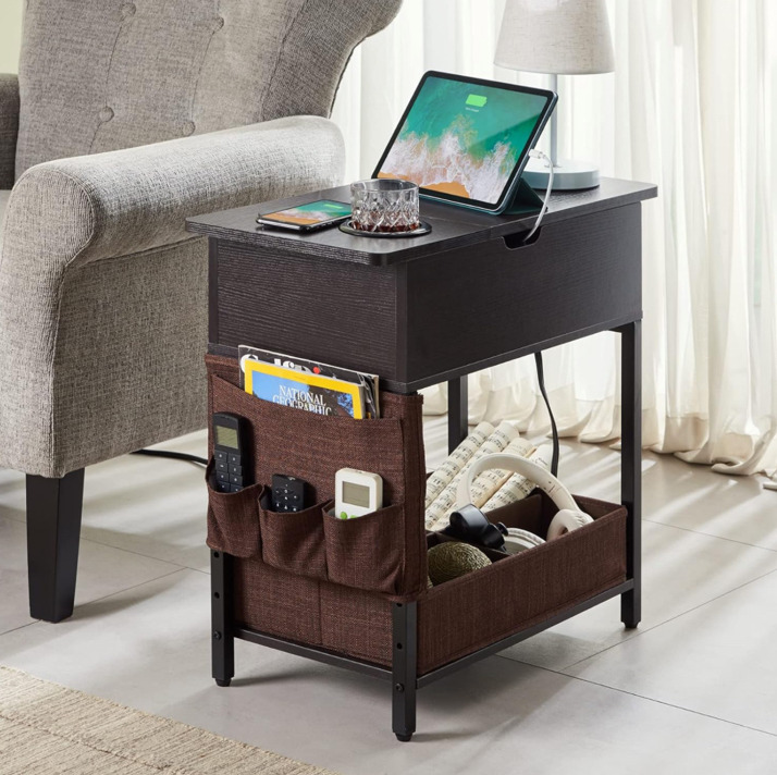 NEW Lovitgo End Table with Power Outlet USB Ports & Fast Charging, Flip Top Nightstand with 2 Cup Holders & Fabric Drawer, Fabric Bag color espresso