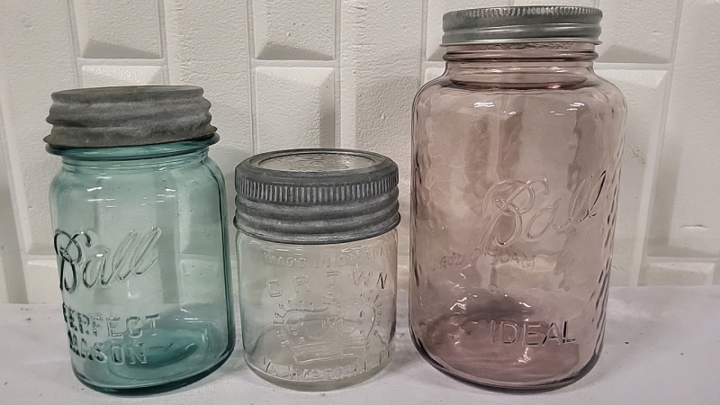 3 Vintage Mason Jars - Ball & Crown - 4"-7" Tall