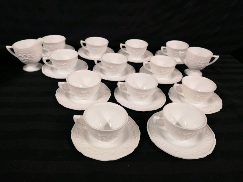 12 Vintage Milk Glass Cups & Saucers and Creamer & Sugar - Floral Pattern