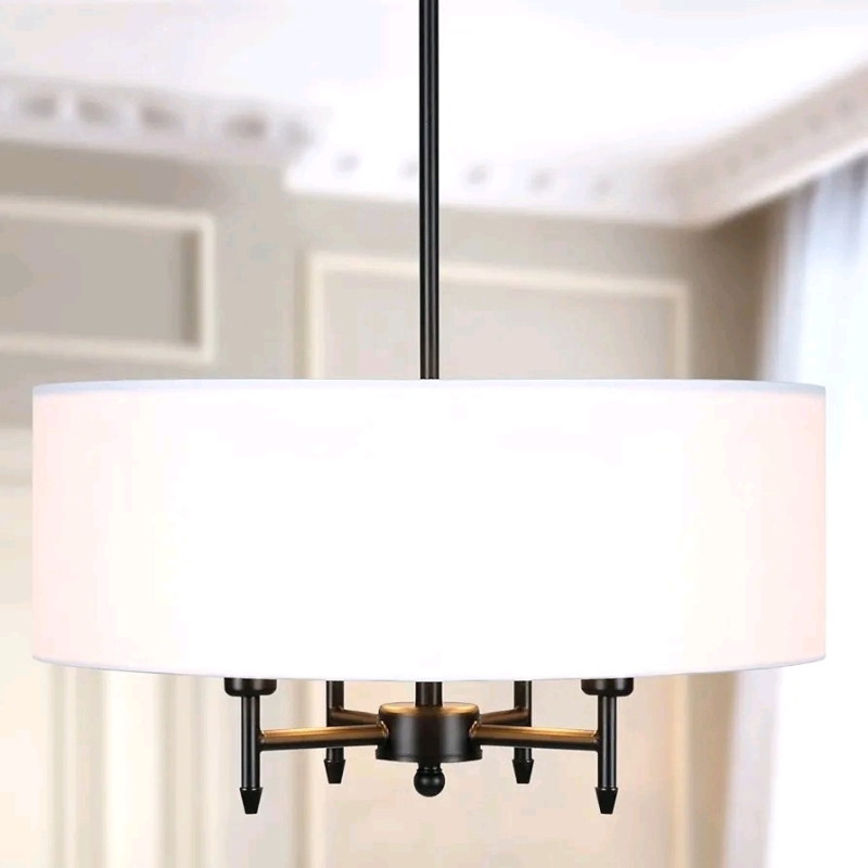 Eco-homely Classic 4-Light Drum Lighting Chandelier Modern Black Pendant Light with White Fabric Shade 17.7" Diameter